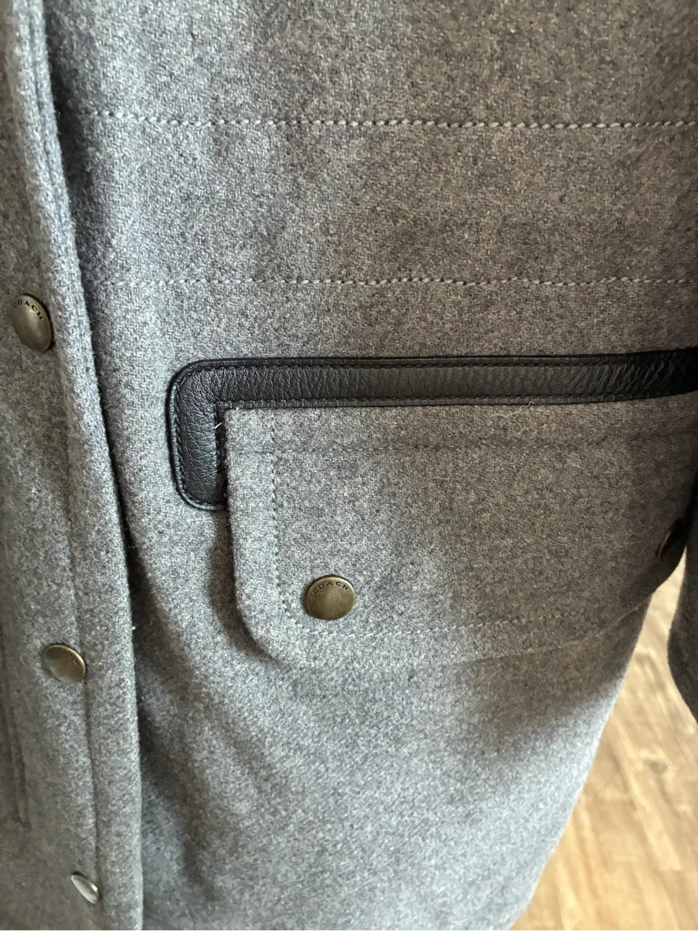 Coach Gray Quilted-Lined Wool Coat with Shearling Trim